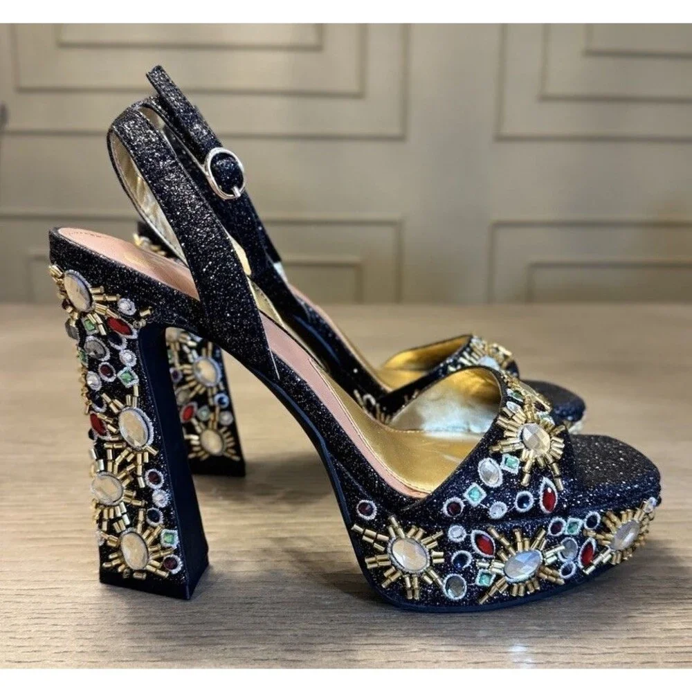 GIANNI BINI Black Gold Embellished Platform Heels Glam Party. Sizes 6.5 , 7 , 8
